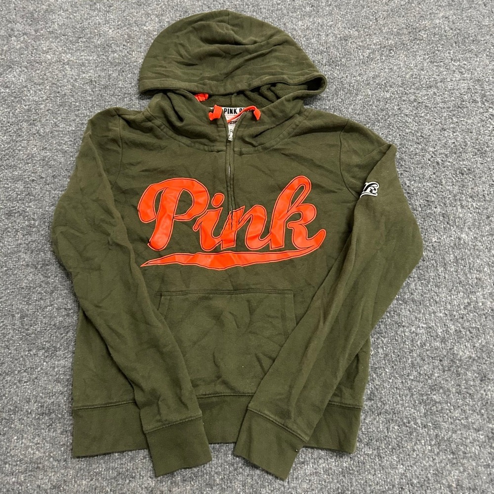 Pink Hoodie Womens Size M Olive Green Orange Logo Quarter Zip Pullover Casual